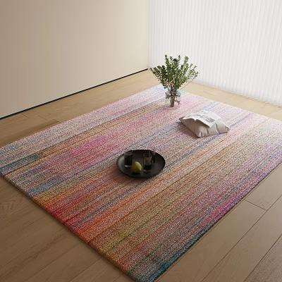 Colorful Striped Square Rug on Wooden Floor with Green Plant Vase Pillow and Black Tray 3d model