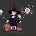 Witch In Purple Robe With Pointed Hat Holding Magic Wand And Pumpkins On Green Base