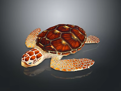 Reptile Sea Turtle With Glossy Red Orange Shell And Intricate Pattern On Reflective Dark Background 3d model