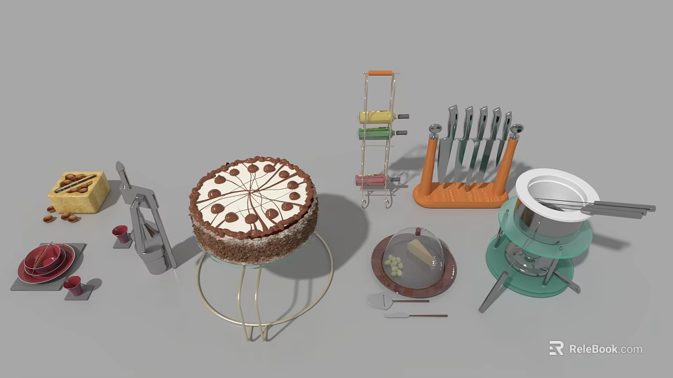 Assorted Kitchen Tools With Decorated Cake Knife Set Trolley And Grinder 3d model