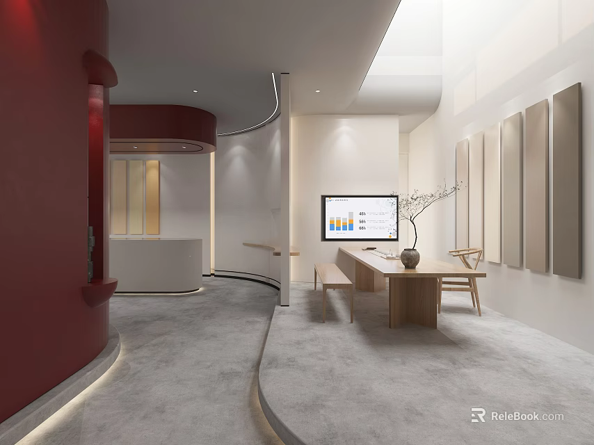 Modern Style Specialty Store With Red Curved Wall White Reception Desk And Wooden Long Table 3d model 