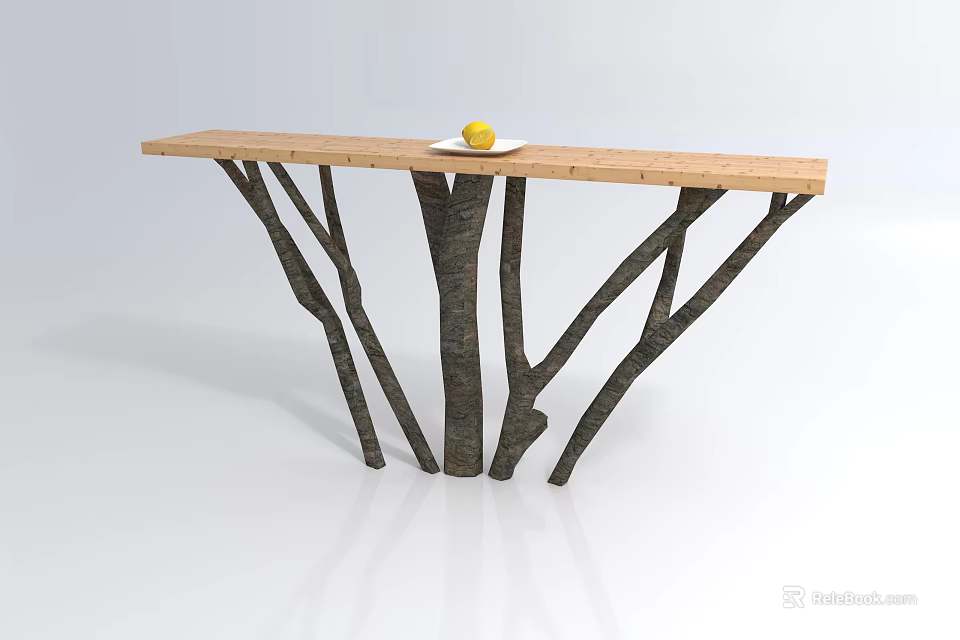 Rustic Console Table With Wooden Top Branch Like Legs And Lemon On White Plate 3d model 