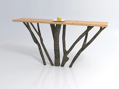 Rustic Console Table With Wooden Top Branch Like Legs And Lemon On White Plate 3d model