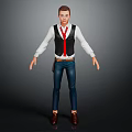 3D Human Character Model Wearing White Shirt Black Vest Red Tie And Blue Jeans
