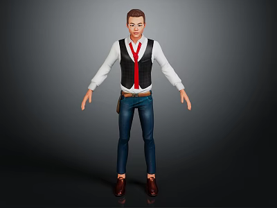 3D Human Character Model Wearing White Shirt Black Vest Red Tie And Blue Jeans 3d model