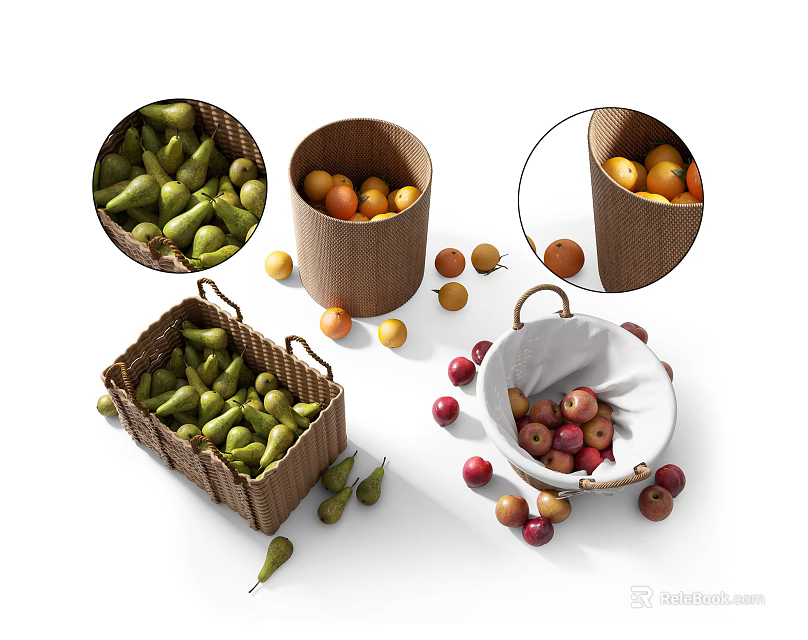 Fresh Fruits Pears Apples Oranges in Wicker Baskets and White Container with Scattered Fruits 3d model 