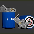 Blue Cylindrical Filters With Metal Fittings And Exposed Internal Components On Dark Surface