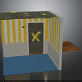Furniture Cabinet With Yellow Stripes Brown Door Yellow X Mark Blue Base And Gray Top