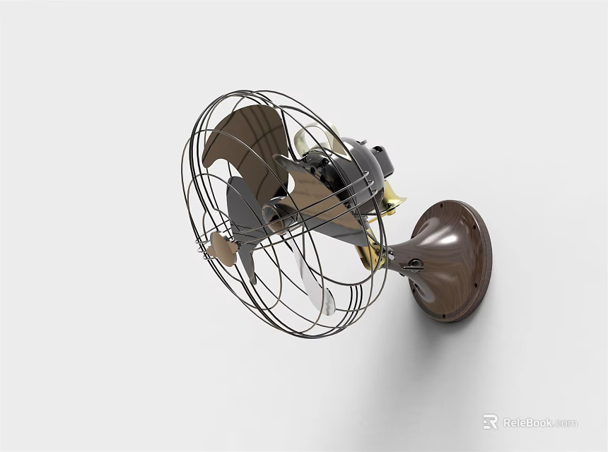 Wall Mounted Retro Fan with Metal Cage and Brown Base Classic Design 3d model 
