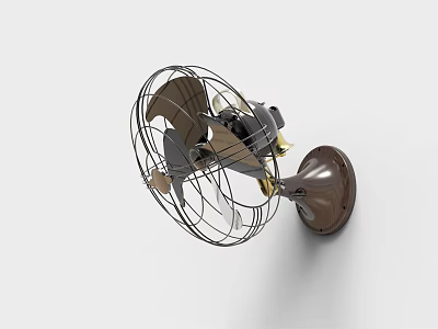 Wall Mounted Retro Fan with Metal Cage and Brown Base Classic Design 3d model