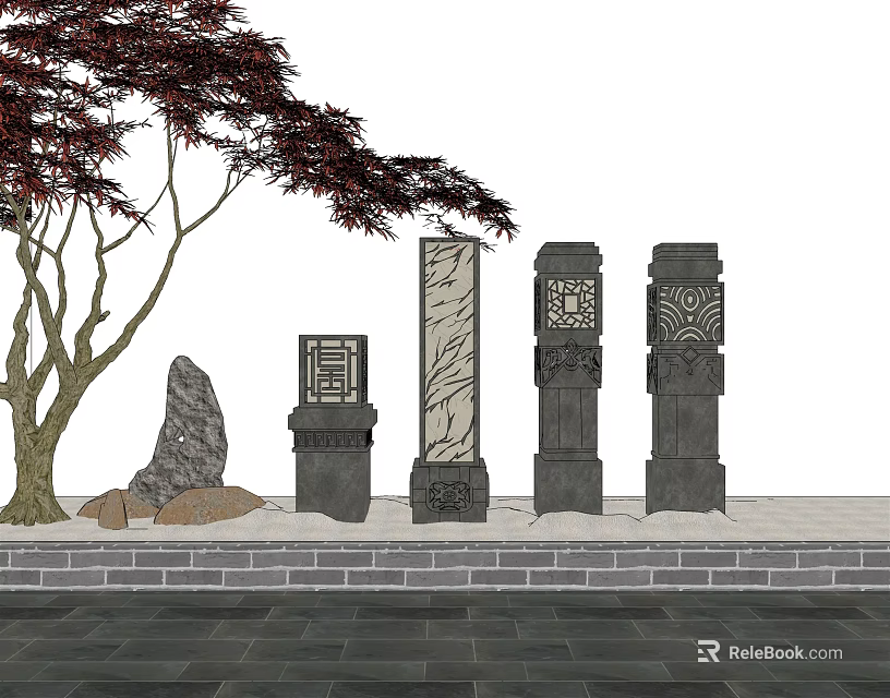 Outdoor Stone Pillar Lights with Red Maple Tree Stones and Brick Wall on Stone Pavement 3d model 