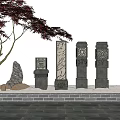 Outdoor Stone Pillar Lights with Red Maple Tree Stones and Brick Wall on Stone Pavement
