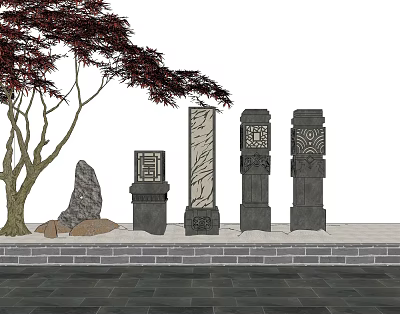 Outdoor Stone Pillar Lights with Red Maple Tree Stones and Brick Wall on Stone Pavement 3d model