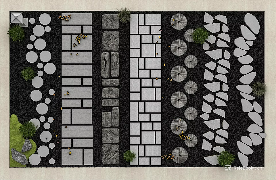 Various Stepping Stones Design With Circular Square Slabs And Green Plants In Garden 3d model 