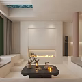 Elegant Modern Hotel Room Interior With Sofa Coffee Table Fireplace And Archway Plants