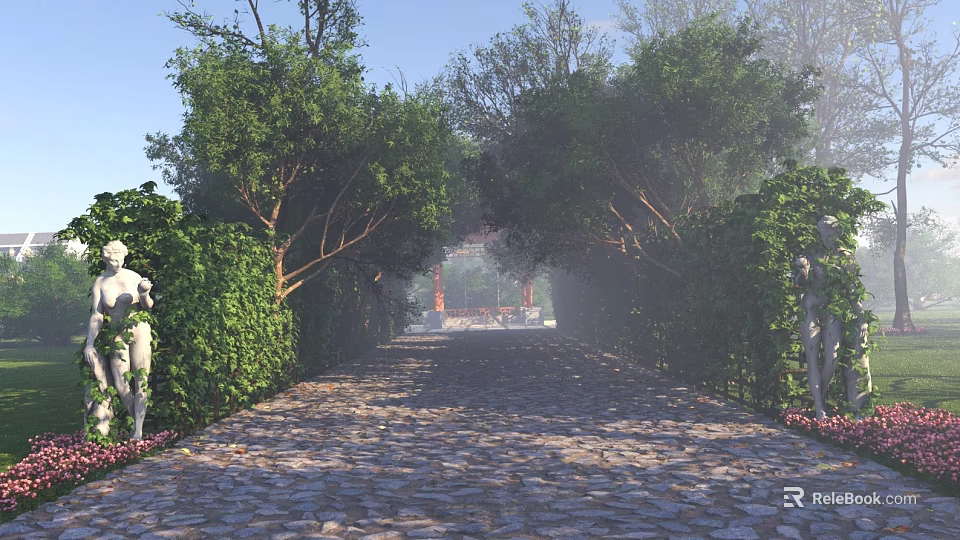 Red Scenic Wall Along Stone Paved Path With Lush Greenery White Statues And Misty Background 3d model 