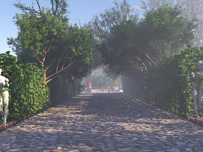 Red Scenic Wall Along Stone Paved Path With Lush Greenery White Statues And Misty Background 3d model