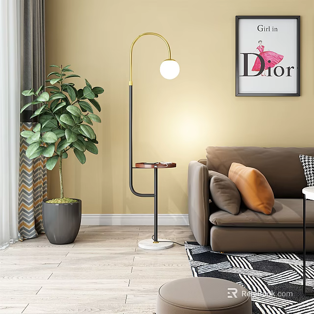 Modern Floor Lamp In Living Room With Sofa Green Plant And Wall Art 3d model 