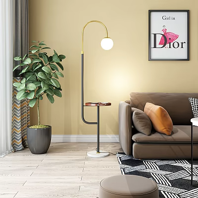 Modern Floor Lamp In Living Room With Sofa Green Plant And Wall Art 3d model