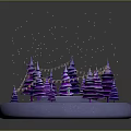 Purple Cone Shaped Trees With Central Blue Pool Illuminated Decorations And Snowflakes On Circular Platform