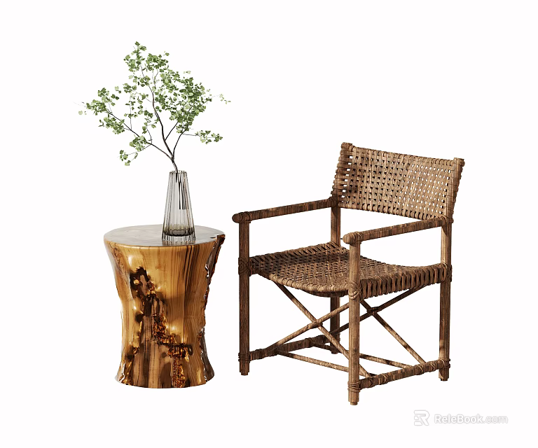 Rattan Leisure Chair With Wooden Frame And Tree Stump Side Table Vase Green Plant 3d model 