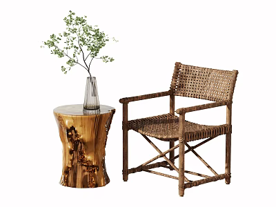 Rattan Leisure Chair With Wooden Frame And Tree Stump Side Table Vase Green Plant 3d model