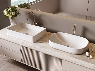Modern Bathroom Double Washbasins On Marble Countertop With Faucets Mirror And Vase With Flowers 3d model