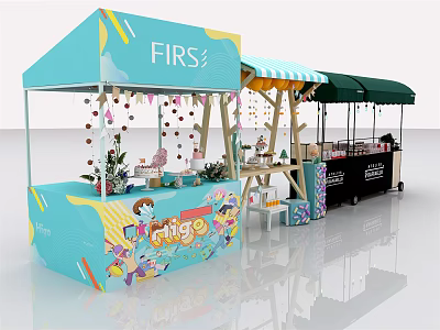 FIRS Chic Market Stall With Blue Canopy And Decorative Hanging Ornaments 3d model