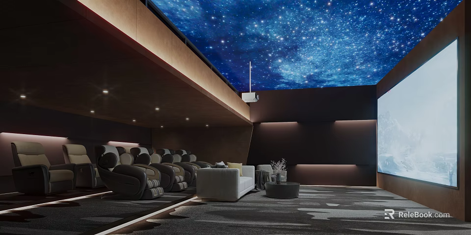 Luxurious Home Theater With Starry Sky Ceiling Comfortable Seating And Large Projection Screen 3d model 