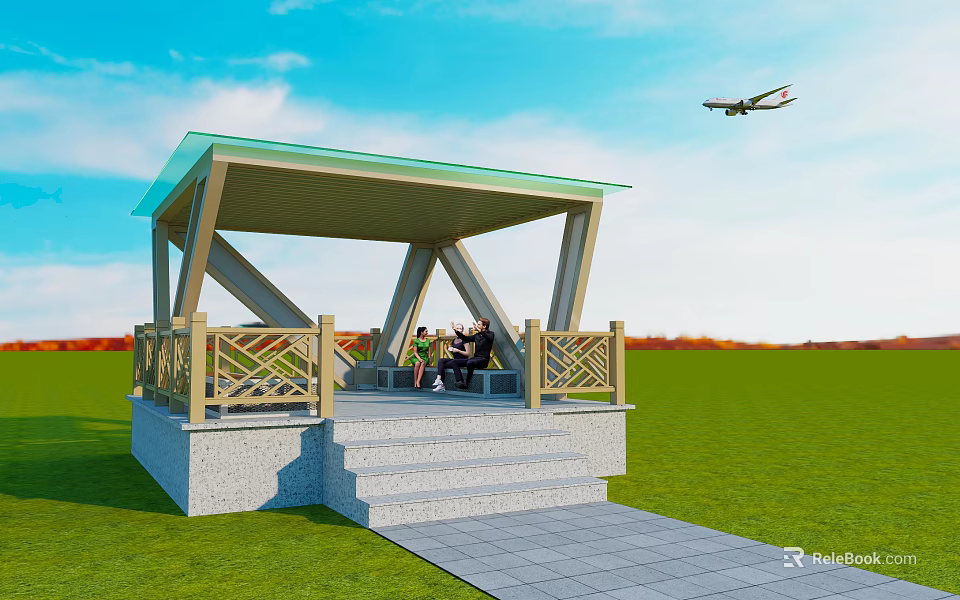Roadside Pavilion With Green Roof Stone Steps And Stone Path For People Resting In Grassland 3d model 