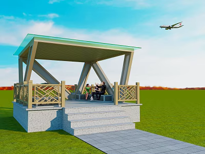 Roadside Pavilion With Green Roof Stone Steps And Stone Path For People Resting In Grassland 3d model