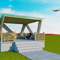 Roadside Pavilion With Green Roof Stone Steps And Stone Path For People Resting In Grassland