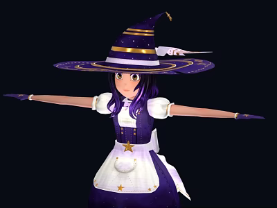 Woman In Purple Witch Costume With Gold Star Hat And White Apron Arms Outstretched 3d model