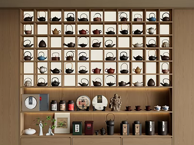 Elegant Tea Sets Displayed On Wooden Shelves With Various Teapots And Cups 3d model