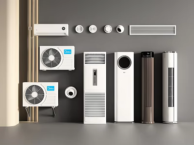 Various Air Conditioners and Fans Including Wall Mounted Floor Standing Tower Models and Control Knobs 3d model