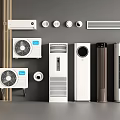 Various Air Conditioners and Fans Including Wall Mounted Floor Standing Tower Models and Control Knobs 3d model