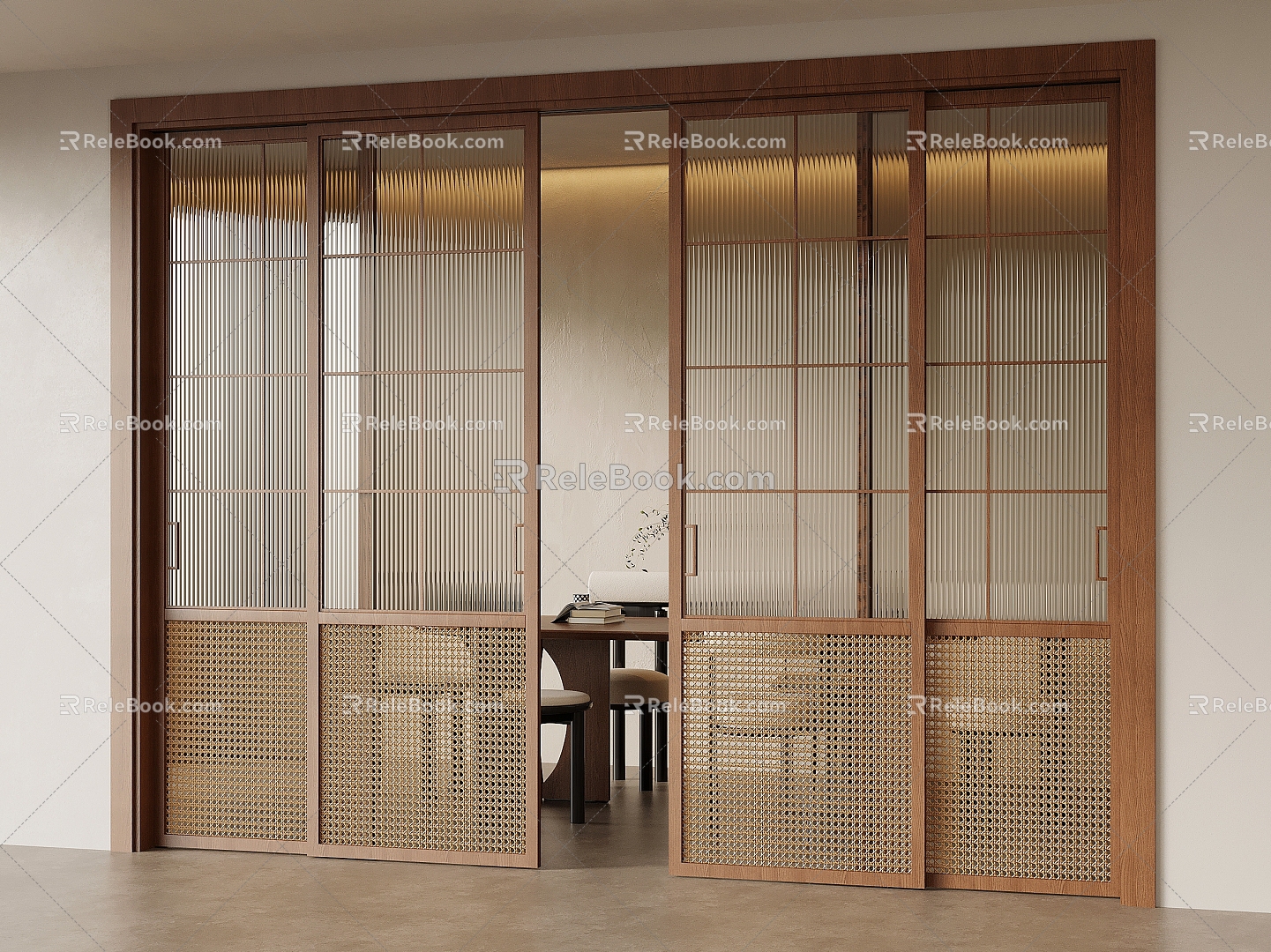 Middle-ancient style sliding door rattan Changhong glass four sliding doors 3d model