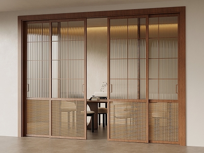 Middle-ancient style sliding door rattan Changhong glass four sliding doors 3d model