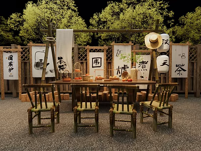 Traditional Tea Table And Chair Set With Wooden Screens Calligraphy And Tea Utensils 3d model