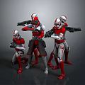 Four Red And White Clone Troopers Holding Weapons In Various Standing Poses 3d model