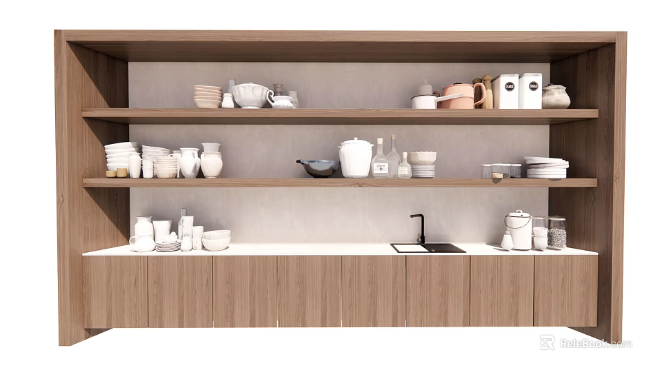 Organized Kitchen With Wooden Cabinets Shelves Filled With Bowls Mugs Plates And Sink 3d model 