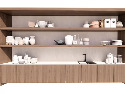 Organized Kitchen With Wooden Cabinets Shelves Filled With Bowls Mugs Plates And Sink 3d model