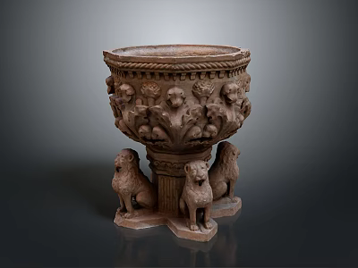 Decorative Stone Planter with Carved Lion Statues and Ornate Patterns for Growing Plants 3d model