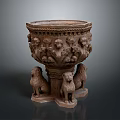 Decorative Stone Planter with Carved Lion Statues and Ornate Patterns for Growing Plants