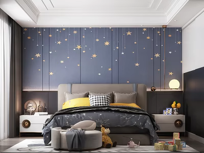 Cozy Kids Bedroom Interior With Starry Sky Wallpaper Yellow Pillows Gray Bedding And Toys 3d model