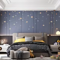 Cozy Kids Bedroom Interior With Starry Sky Wallpaper Yellow Pillows Gray Bedding And Toys