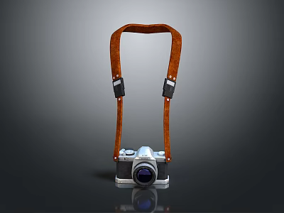 Digital Camera With Brown Leather Strap Silver Body And Detachable Lens Design 3d model
