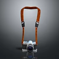Digital Camera With Brown Leather Strap Silver Body And Detachable Lens Design 3d model