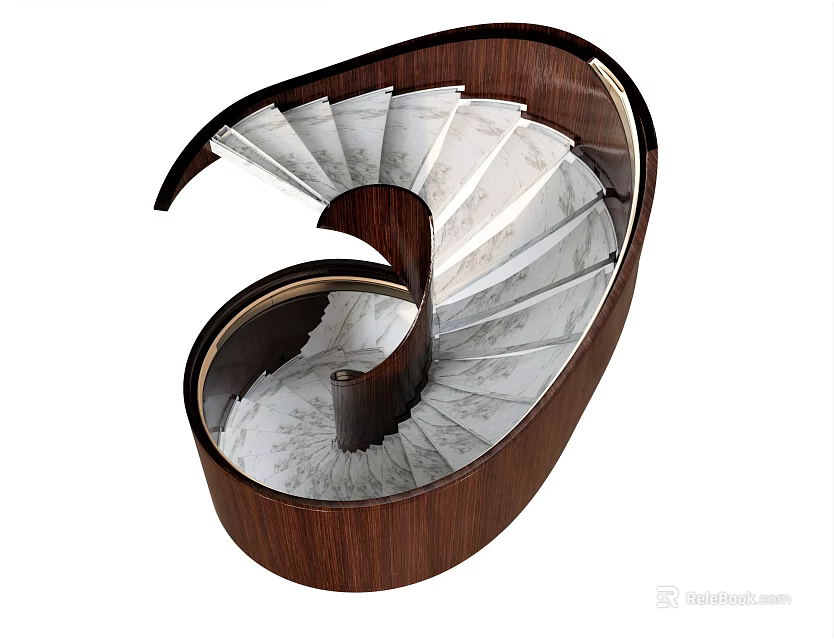 Elegant Spiral Staircase Design With Walnut Wood Railing And White Marble Steps 3d model 