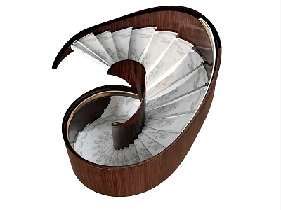 Elegant Spiral Staircase Design With Walnut Wood Railing And White Marble Steps 3d model